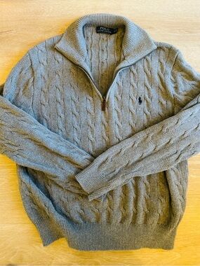Ralph Lauren Men’s Gray Cable-Knit Quarter-Zip Sweater